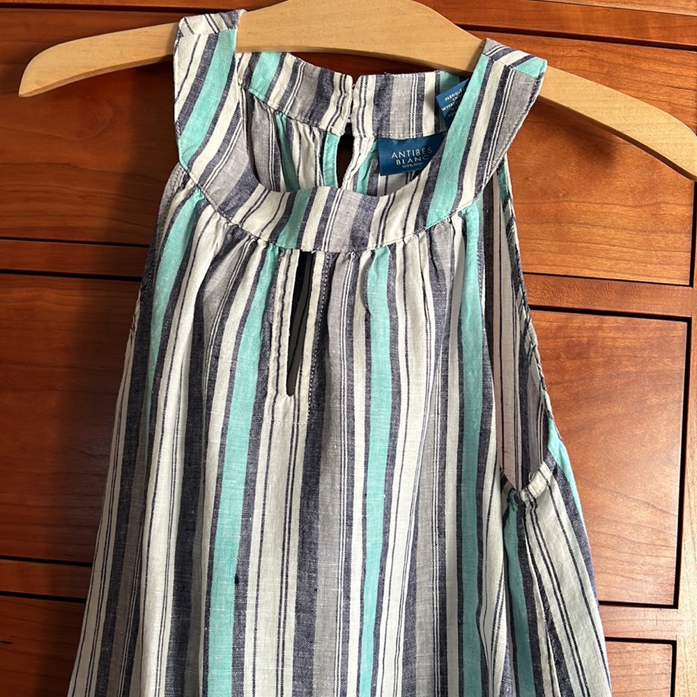 EUC Antibes Blanc 💯% Linen Striped Sleeveless Dress
